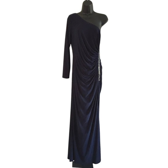 Adrianna Papell One Shoulder Jersey Dress Sz 12 Blue Formal Gown Faux Crystals Adrianna Papell One Shoulder Jersey Dress Sz 12 Blue Formal Gown Faux Crystals